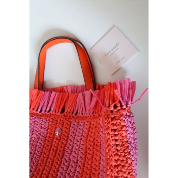 Kate Spade Sam Stripe Straw Medium Satchel in Juicy Orange - Picture 12 of 12